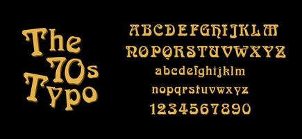 alfabeto e números inspirados nos anos 70. tipografia influenciada por woodstock. letras em estilo hippie, moderno e retrô. composição nostálgica, floral e vintage. letras divertidas. vetor