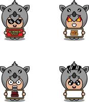 vetor personagem de desenho animado fofo rinoceronte conjunto de traje de mascote animal coleção de pacote de venda de verão