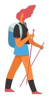 mulher andando com bastão de trekking para vetor de caminhada