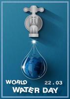 vista frontal da torneira de água e letras do dia mundial da água em estilo de corte de papel com gota de água global em estilo de vidro no fundo padrão de papel azul marinho. vetor