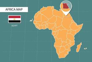 mapa do egito na versão de zoom da áfrica, ícones mostrando a localização do egito e bandeiras. vetor