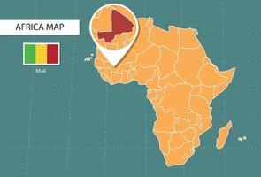 mapa do mali na versão de zoom da áfrica, ícones mostrando a localização do mali e bandeiras. vetor