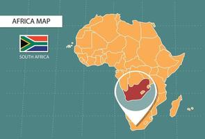 mapa da áfrica do sul na versão de zoom da áfrica, ícones mostrando a localização da áfrica do sul e bandeiras. vetor