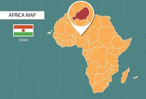 Mapa do Níger na versão de zoom da África, ícones mostrando a localização do Níger e bandeiras. vetor
