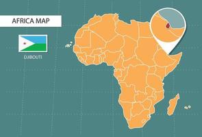 Mapa do Djibuti na versão de zoom da África, ícones mostrando a localização e as bandeiras do Djibuti. vetor