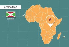 mapa do burundi na versão zoom da áfrica, ícones mostrando a localização do burundi e bandeiras. vetor