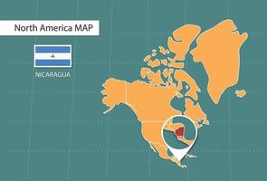 mapa da nicarágua na versão zoom da américa, ícones mostrando a localização da nicarágua e bandeiras. vetor