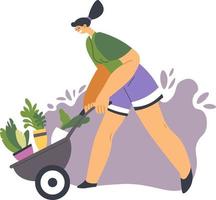 mulher com carrinho de mão transportando vetor de plantas