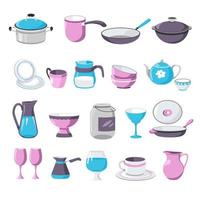 copos e pratos de utensílios de cozinha, panela e caçarola vetor