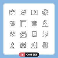 grupo de símbolos de ícone universal de 16 contornos modernos de banco de jogo noturno de mesa, olho de câmera, elementos de design de vetores editáveis