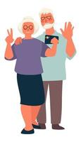 idosos tirando selfie, homem e mulher posando vetor
