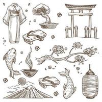 cultura japonesa, roupas natureza e arquitetura vetor