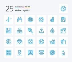 logística global pacote de ícones de 25 cores azuis, incluindo mapa. global. localização. global. engrenagem vetor