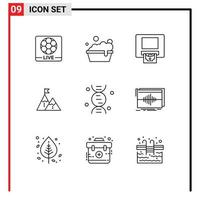 conjunto de pictogramas de 9 contornos simples de elementos de design de vetores editáveis da bandeira de missão de dinheiro da montanha dna