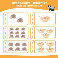 vamos contar planilha juntos. planilha de matemática educacional para impressão. jogo de matemática para crianças. ilustração vetorial. vetor