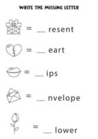 planilha para crianças. escreva a letra que falta. planilha de dia dos namorados. vetor