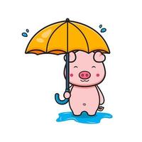 porco bonito segurando guarda-chuva mascote ícone dos desenhos animados ilustração de clip art vetor