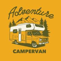 aventura ao ar livre de campervan linha desenhada à mão ilustração de aventura distintivo do logotipo vetor