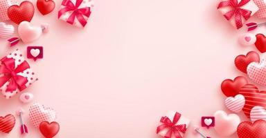 cartaz de venda de dia dos namorados com coração bonito e caixa de presente de dia dos namorados em fundo rosa. modelo de promoção e compras para o conceito de amor e dia dos namorados. vetor