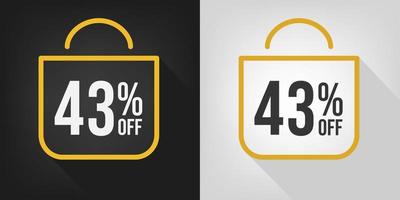 43% de desconto. faixa preta, branca e amarela com quarenta e três por cento de desconto. vetor de conceito de sacola de compras.