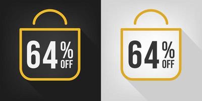 64% de desconto. faixa preta, branca e amarela com sessenta e quatro por cento de desconto. vetor de conceito de sacola de compras.