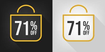 71% de desconto. faixa preta, branca e amarela com setenta e um por cento de desconto. vetor de conceito de sacola de compras.