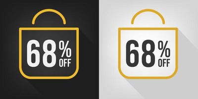 68% de desconto. faixa preta, branca e amarela com sessenta e oito por cento de desconto. vetor de conceito de sacola de compras.