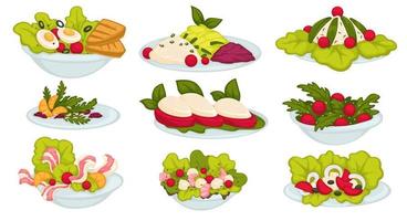 saladas e comida saudável com verduras e legumes vetor