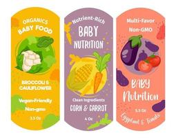 alimentos para bebês ricos em nutrientes, rótulos de milho e cenoura vetor