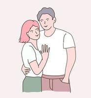 um jovem casal se abraça, olha um para o outro. um cara e uma garota apaixonados juntos. gráficos lineares vetoriais, desenho à mão. vetor