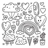 mão desenhada dia dos namorados doodle desenhos elemento conjunto amor romance corações flores ilustração do cartão dos namorados vetor