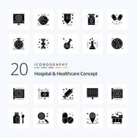 20 conceito de saúde hospitalar pacote de ícones de glifos sólidos como monitor coração saúde médica raio x vetor