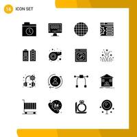 conjunto de glifos sólidos de interface móvel de 16 pictogramas de poder de árbitro bateria vienense web elementos de design de vetores editáveis