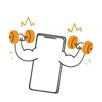 telefone móvel desenhado à mão com símbolo de haltere para vetor de ilustração de fitness online