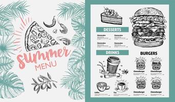 cardápio de verão. design de menu de comida de restaurante, ilustrações desenhadas à mão. panfleto de comida de vetor. vetor