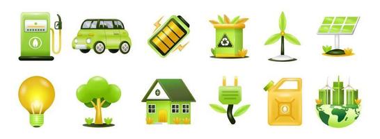 energia verde. posto de gasolina, carro elétrico, bateria, reciclagem, painel solar e turbina eólica ícone 3d vetor