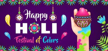 feliz holi festival de cores, mão e pintura colorida ilustração 3d vetor
