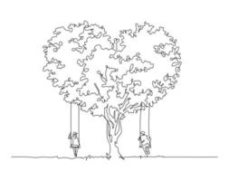 casal sentado no balanço sob a árvore em forma de coração cena de romance uma linha de desenho vetor