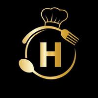logotipo do restaurante na letra h com chapéu de chef, símbolo de colher e garfo para sinal de cozinha, ícone de café, restaurante, vetor de negócios de culinária