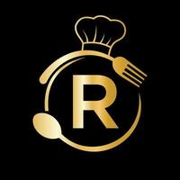 logotipo do restaurante na letra r com chapéu de chef, símbolo de colher e garfo para sinal de cozinha, ícone de café, restaurante, vetor de negócios de culinária