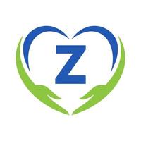 logotipo de cuidados com as mãos na letra z. logotipo de caridade, cuidados de saúde, fundação com símbolo de mão vetor