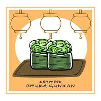 um conjunto de sushi gunkan maki com alga chuka. ilustração em vetor de comida asiática com fundo autêntico.