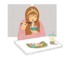 garota comendo macarrão ramen, bolo de lua, dango, mochi, chá de bolha. ilustração vetorial fofa com comida asiática e mulher. garota soprando em um macarrão. vetor