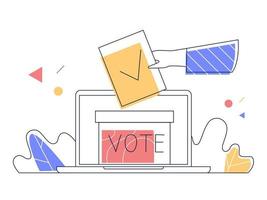 votação online, pesquisa, conceito de enquete. mão coloca a cédula na urna eleitoral, que está na tela do laptop. esboço, vetor de arte de linha.