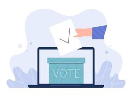 votação online, pesquisa, conceito de enquete. mão coloca a cédula na urna eleitoral, que está na tela do laptop. ilustração em vetor plana.