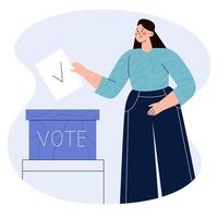 mulher colocando papel de voto na urna. conceito de eleição, votação, democrático e político. ilustração em vetor plana.