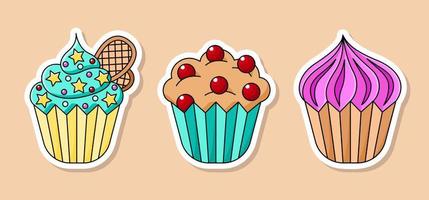 Conjunto de adesivos de cupcake de desenho vetorial. três sobremesa doce isolada com borda branca vetor