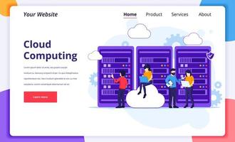 conceito de computação em nuvem, pessoas que trabalham no laptop e no servidor, armazenamento digital, data center. design moderno de página de destino plana para site e site para celular. ilustração vetorial vetor