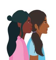 desenhos animados de mulheres negras e indianas em vista lateral vetor