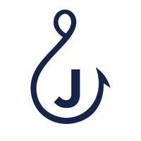 logotipo de pesca no sinal da letra j, modelo de logotipo de gancho de pesca vetor